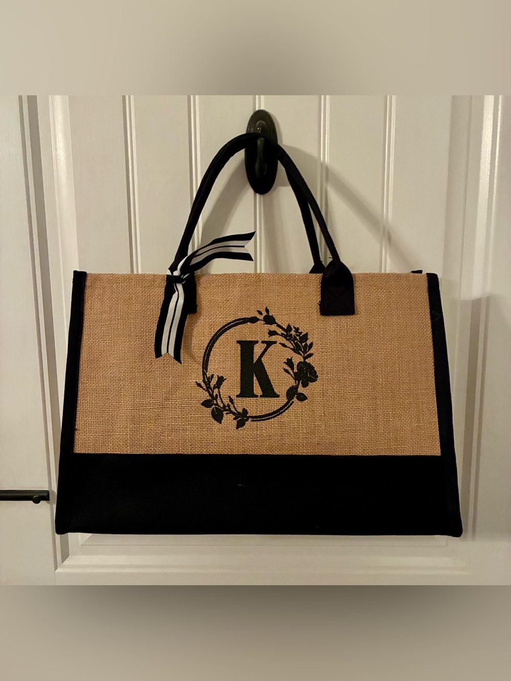 Monogram K Natural & Black Jute Tote Bag